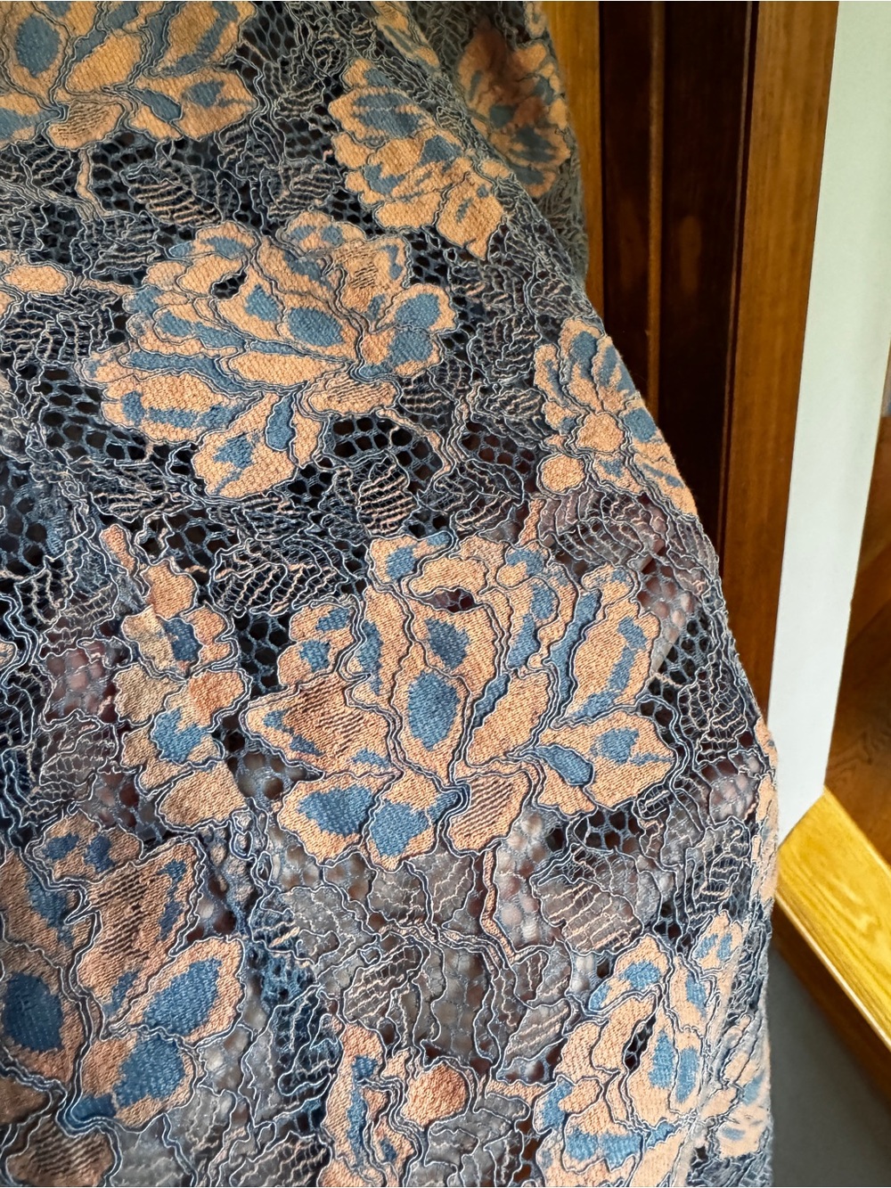 LOFT Blue Lace Floral Long-Sleeve Blouse with Peach Underlay - Picture 9 of 9